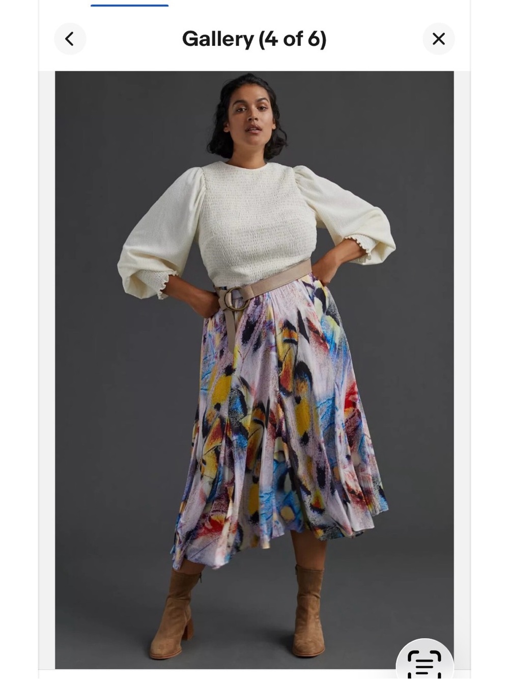 Anthropologie Printed Midi Skirt with Abstract Watercolor Print - White Multi